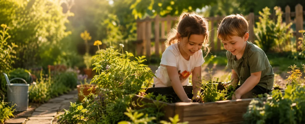 Kinder spielen mit Gartenerde
